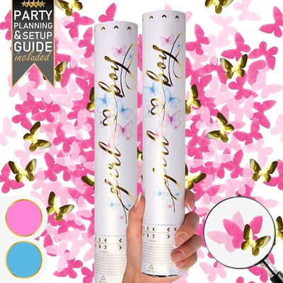 Sesso rivelare Confetti Cannon Butterfly Shape Pink 2 Pack Sesso rivelare Boy Girl Poppers