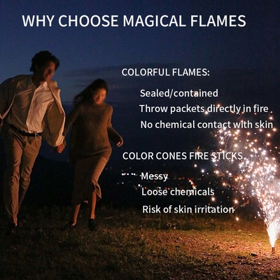I pacchetti di cambio colore del fuoco creano uno spettacolo colorato per i vostri falò