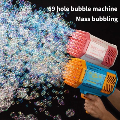 Pistola a bolla razzo 69 buchi macchina a bolle di sapone regalo di Natale pistola a forma soffiatore automatico con giocattoli leggeri per bambini
